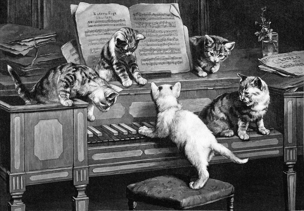 5 Katzen auf und um eine Klaviatur, über den Tasten lehnt ein doppelseitiges Notenblatt mit der Überschrift "Katzenfuge"